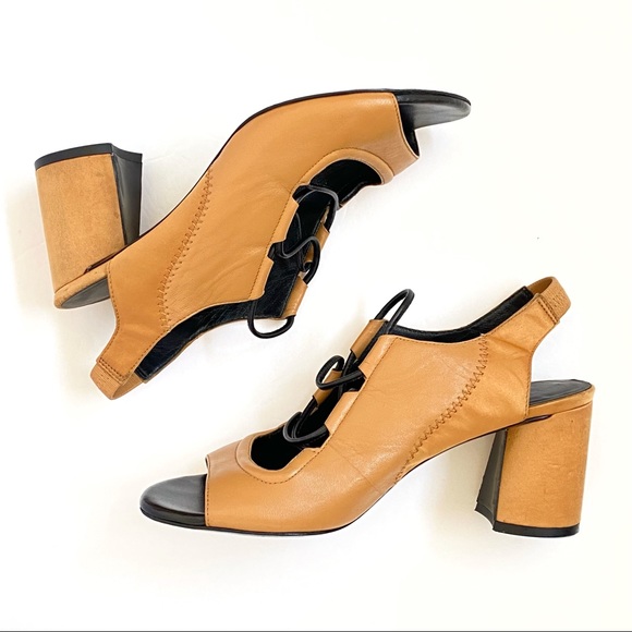 3.1 Phillip Lim Drum brown tan black leather silk lace up slingback chunky heels - Picture 5 of 12